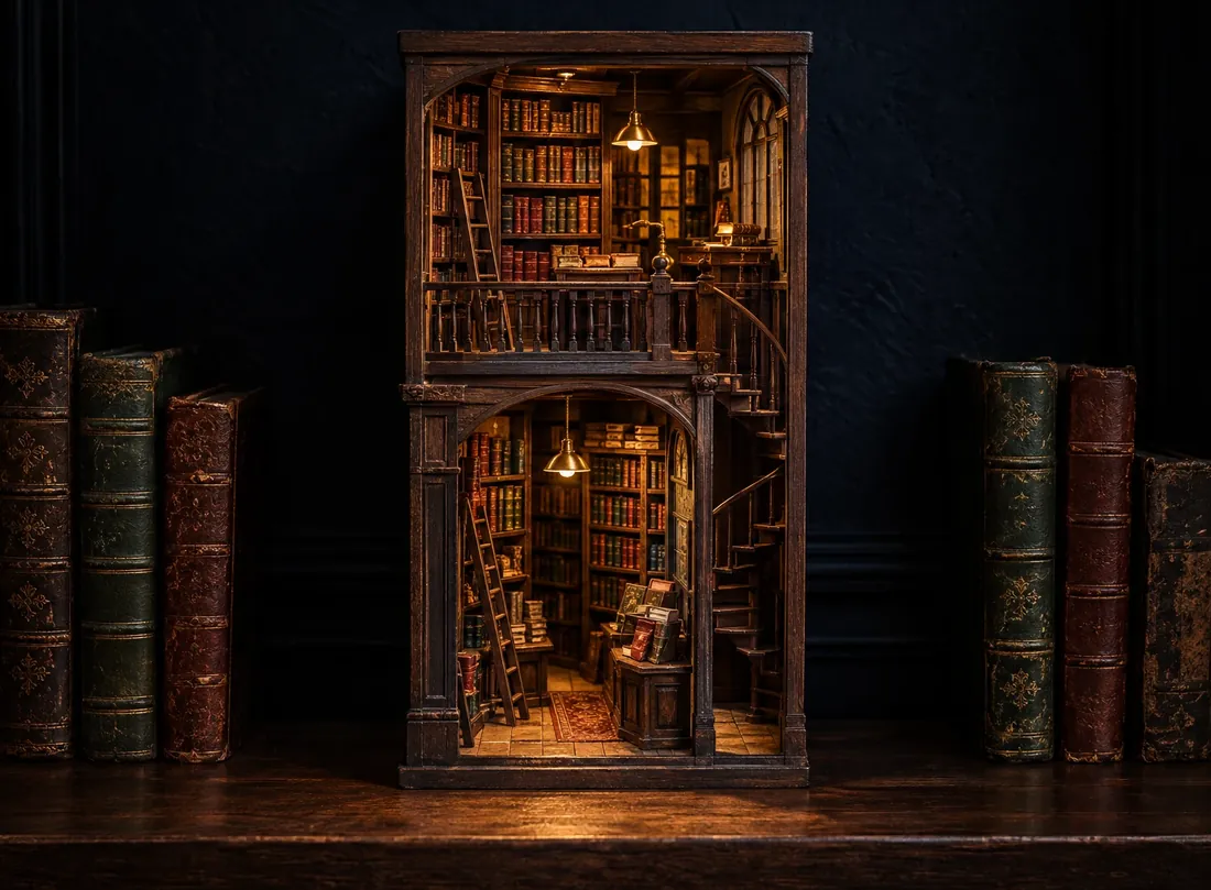 A finished book nook, lit amber between antique books on a shelf
