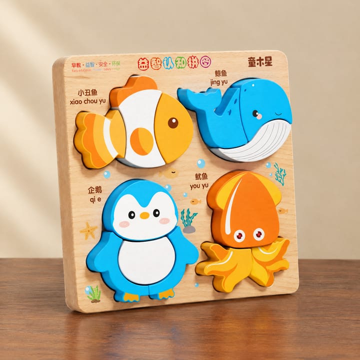 The Chunky Wooden Puzzle Board, Clownfish, whale, penguin and starfish