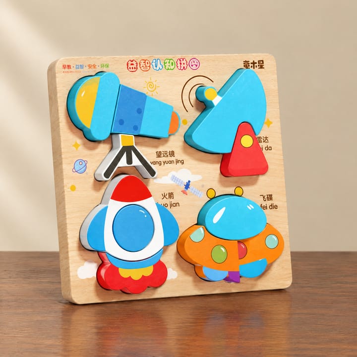 The Chunky Wooden Puzzle Board, Telescope, rocket, UFO and satellite