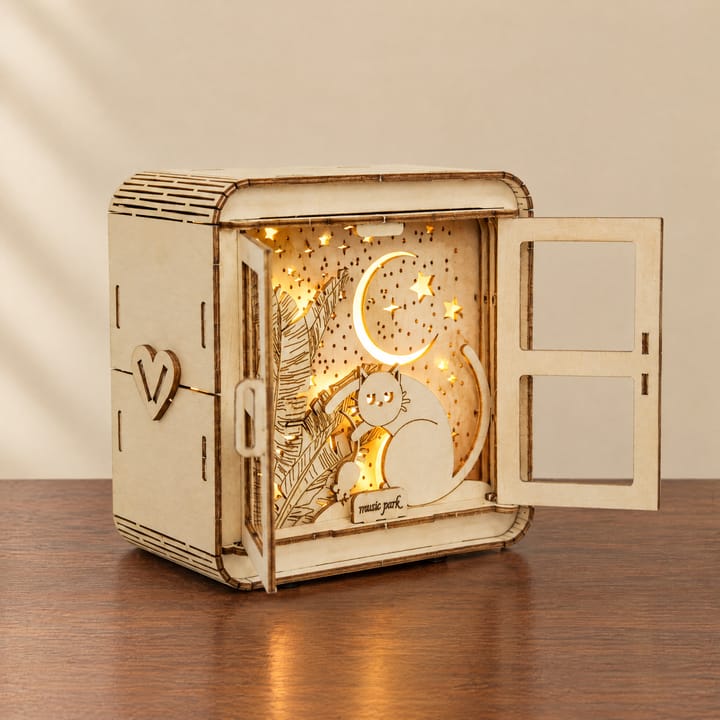 The Glowing Wooden Puzzle Night Light, Cat on moon