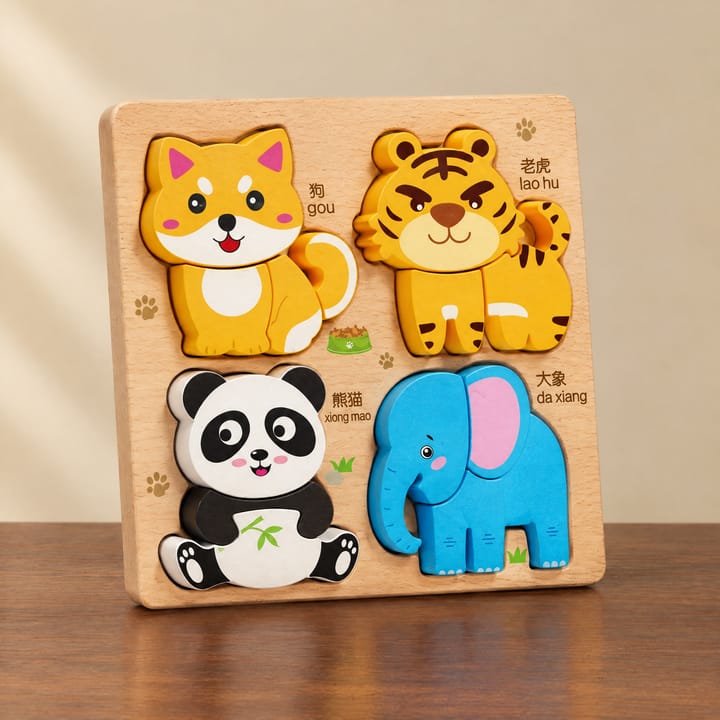 The Chunky Wooden Puzzle Board, Dog, tiger, panda and elephant