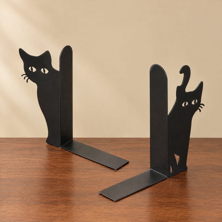 Black Cat Metal Bookends Set, Sitting cat with curled tail