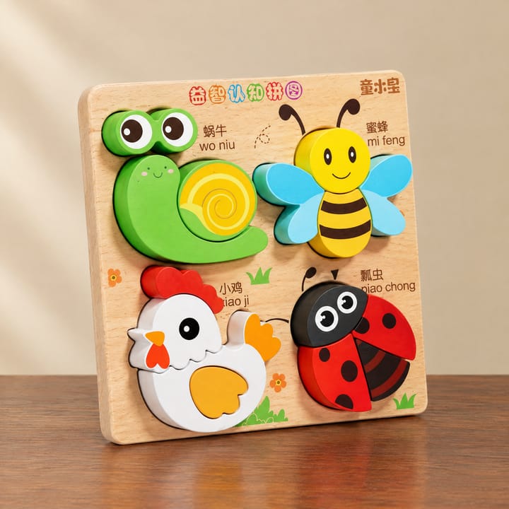 The Chunky Wooden Puzzle Board, Snail, bee, chicken and ladybug