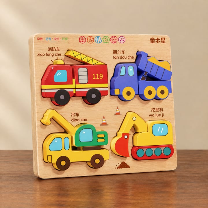 The Chunky Wooden Puzzle Board, Fire truck, dump truck, crane and excavator