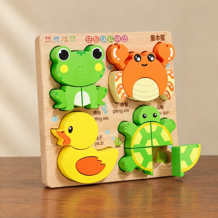 The Chunky Wooden Puzzle Board, Frog, crab, duck and turtle