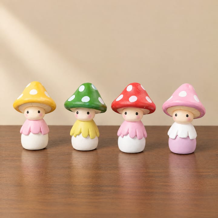 The Mushroom Garden Figurine Set, Yellow, green, red and pink