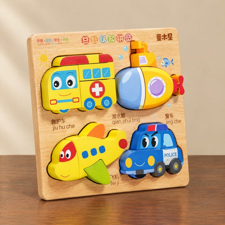The Chunky Wooden Puzzle Board, Ambulance, submarine, airplane and train